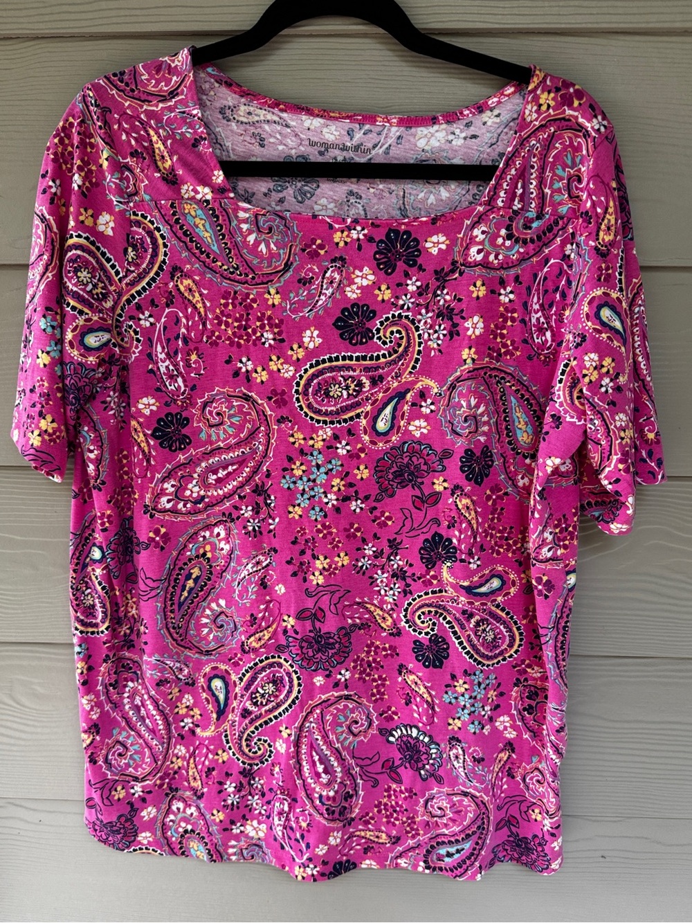 Woman Within Top Women M 14-16 Pink Paisley Floral Boho Square Neck Short Sleeve